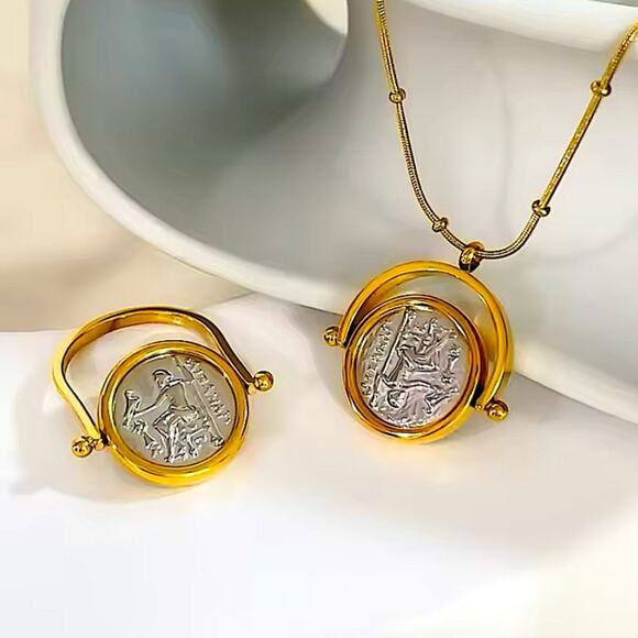 Gold Greek Roman Signet Ring Matching Necklace Set Double Sided Disc God… - Picture 5 of 14